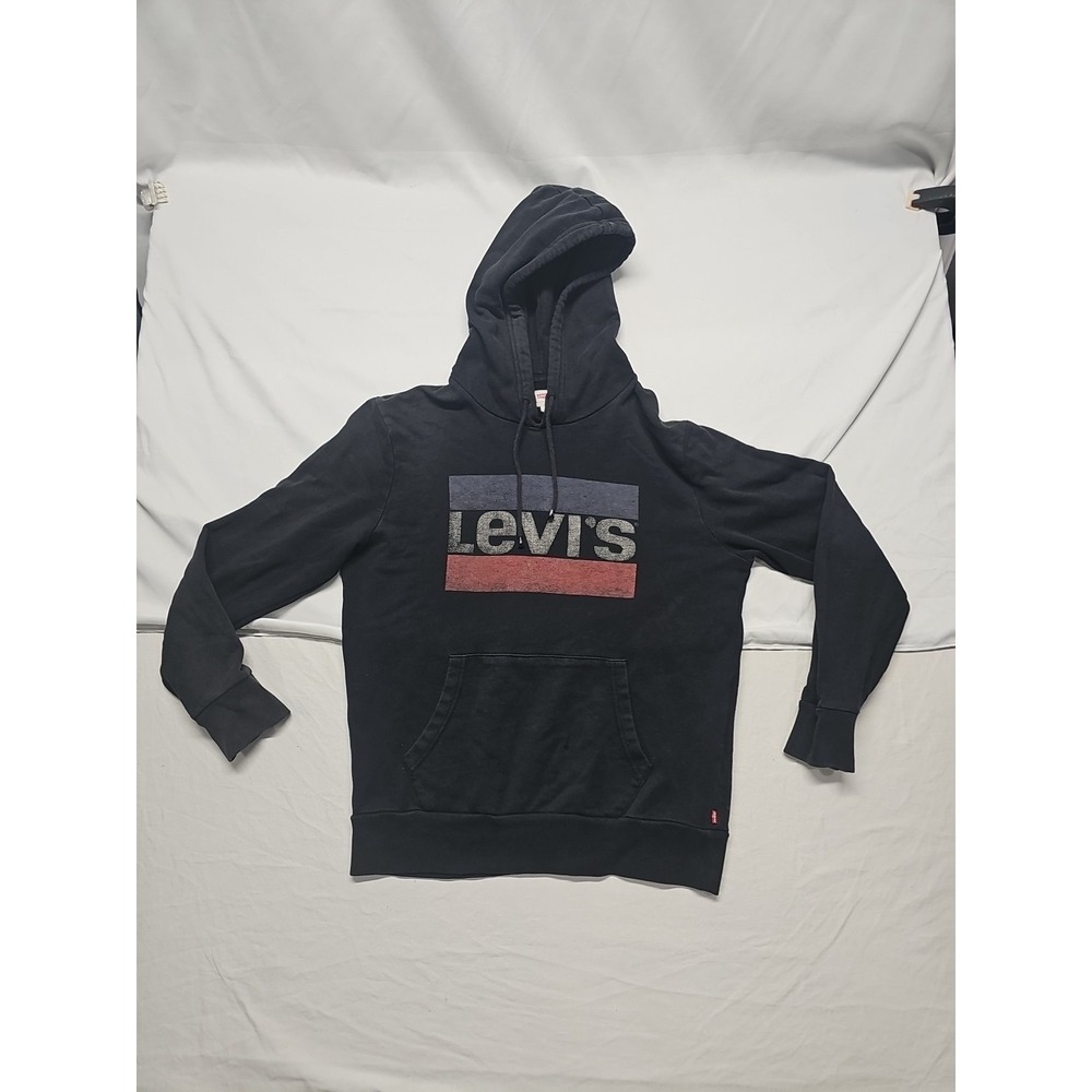 Levis Hoodie Spellout Logo Y2K Pull Over Sweatshirt Black Mens Small Distressed
